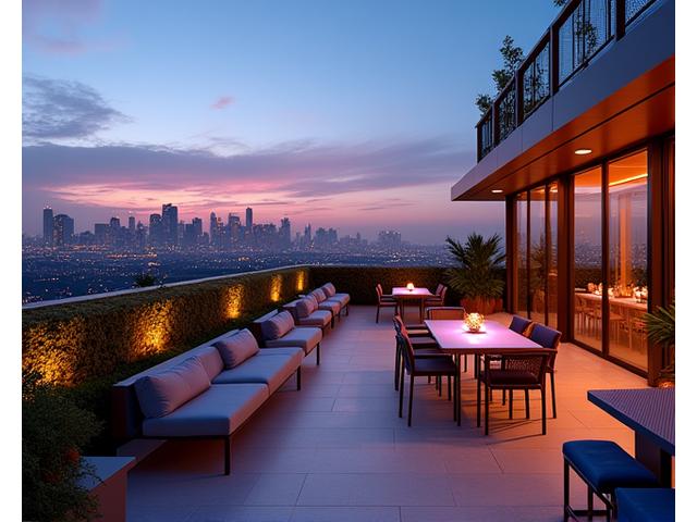 Chic rooftop terrace with downtown Los Angeles skyline views at sunset