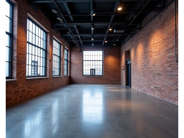 Industrial-chic warehouse event space with exposed brick and modern art installations