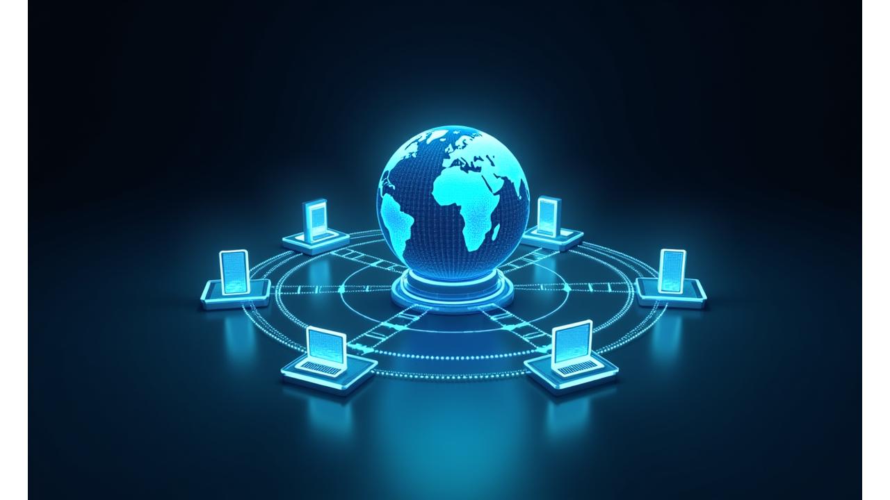 Illustration of a network of connected devices around a globe, symbolizing worldwide event accessibility and multi-device compatibility.