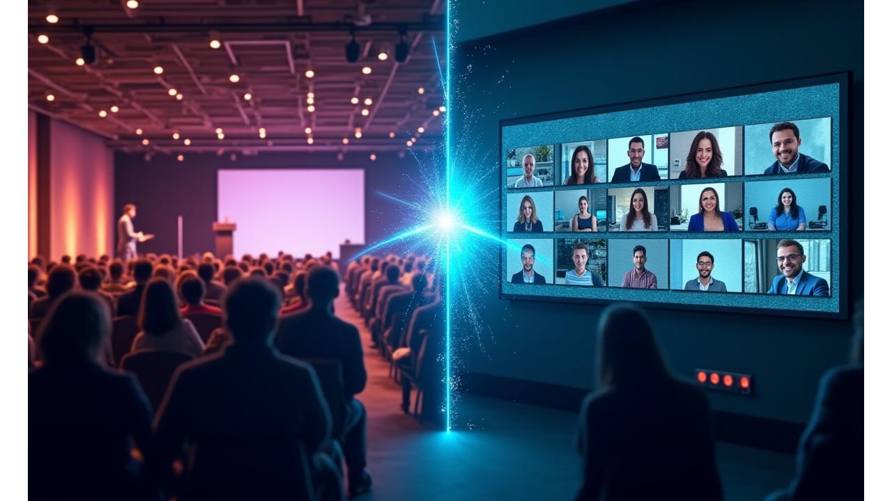 Split-screen visualization demonstrating seamless hybrid event integration, showing an in-person conference audience and a virtual attendee interface side-by-side.